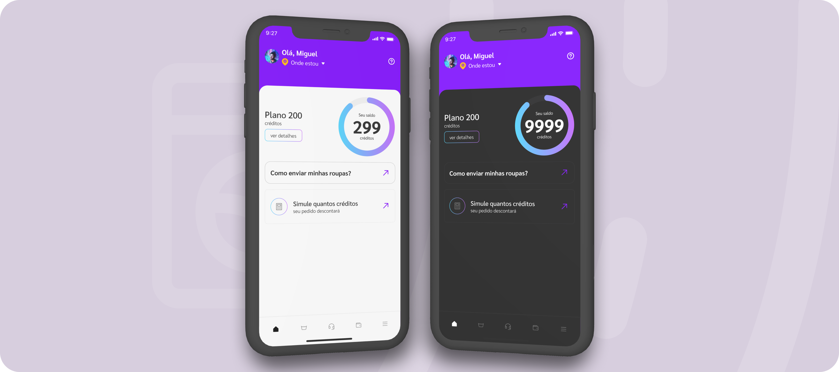 Laundry app balance and order status screens