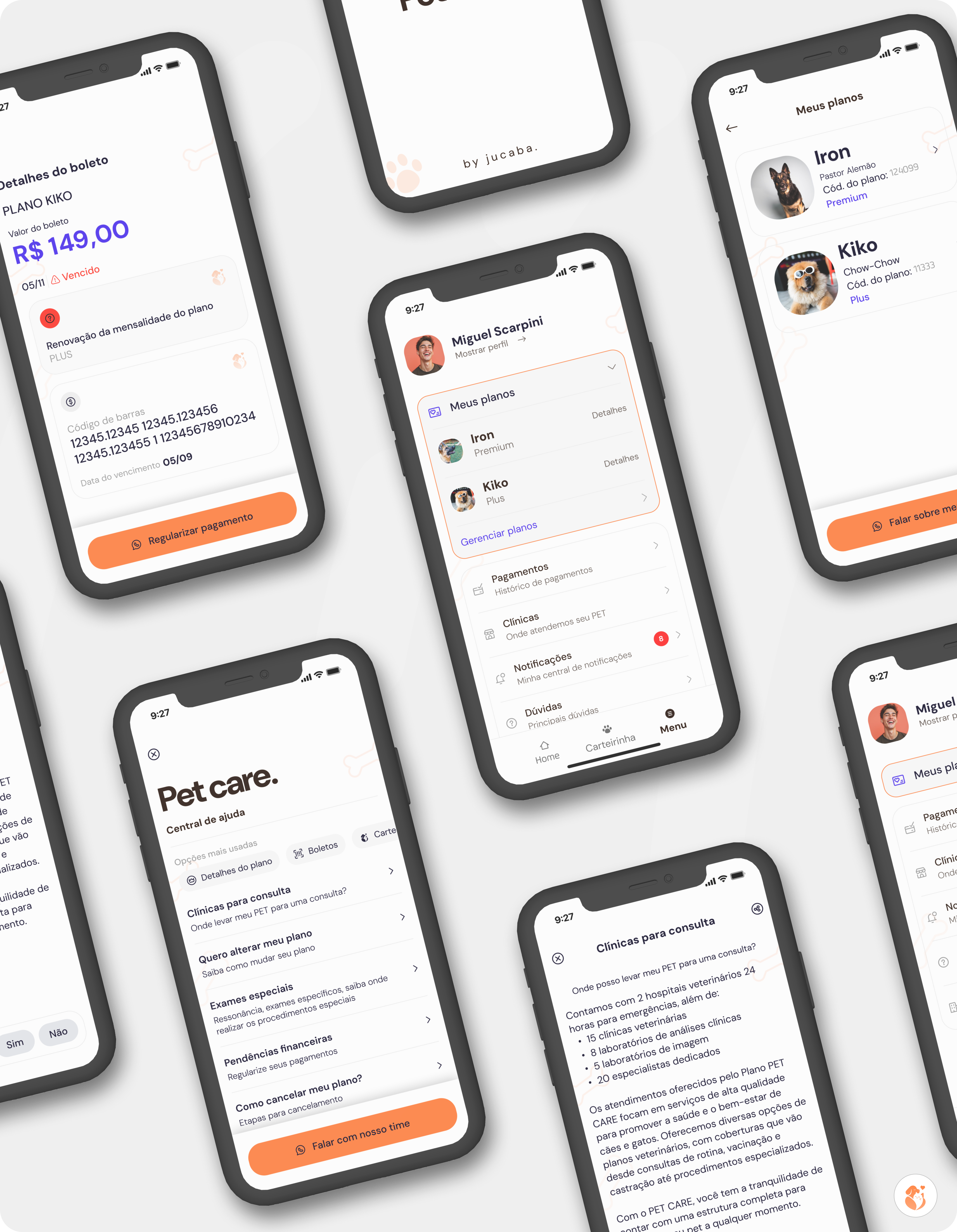 Pet Care screens for plans, payments and alerts